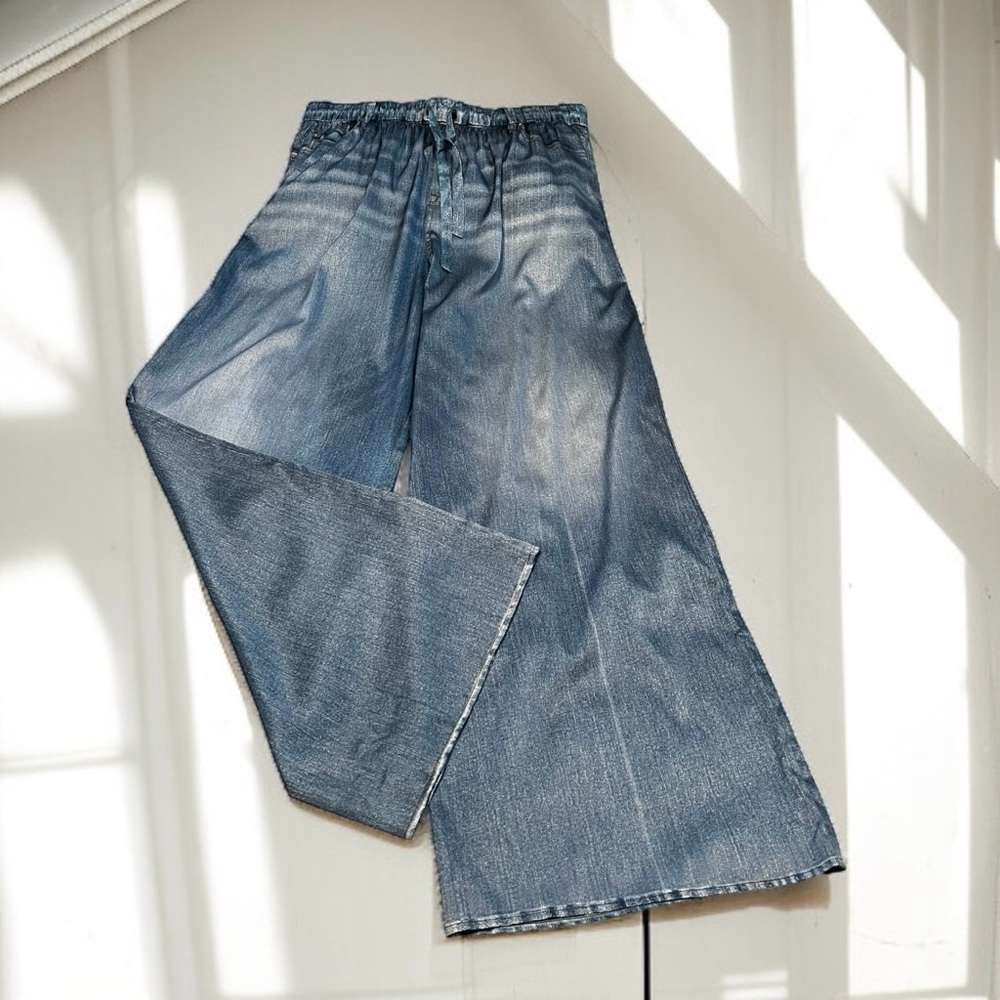 Kate Young x Splendid Wide Leg Silk Blend Denim Print Pants NWT